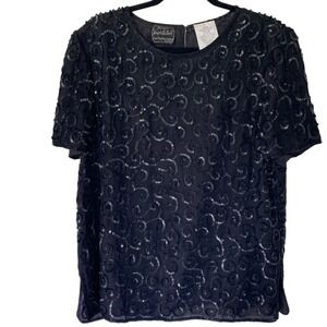 JEAN FOR JOSEPH LEBON Black Vintage‎ Silk Bead & Sequin Embellished Top Black 14